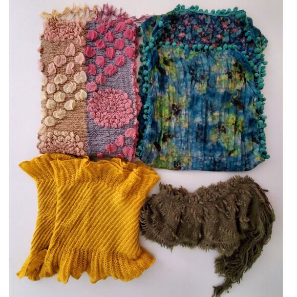 4 Boho Multi-Style Scarves Bundle: Ruffle, Fringe, Patchwork Bubble, Pom-Pom - Picture 2 of 4